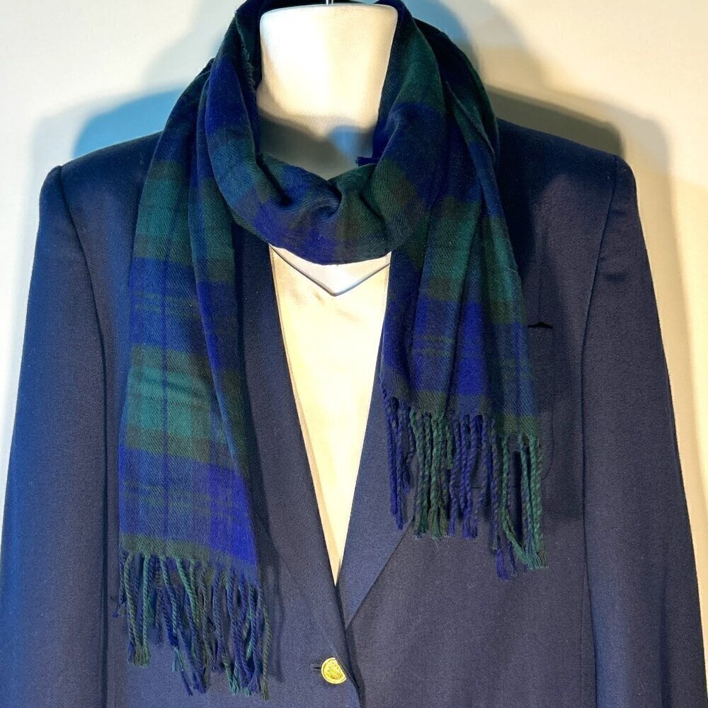 Cashmaire Italian Navy & Green Tartan Plaid Scarf parisian old money academia